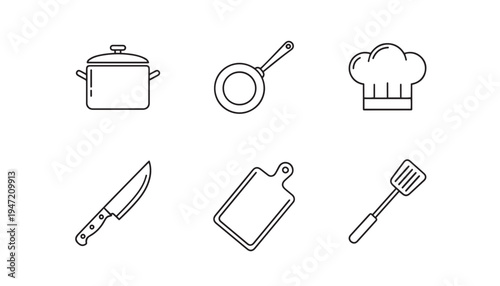 Kitchen utensil icons line art: pot, frying pan, chef hat, knife, cutting board, spatula, restaurant equipment, food preparation, restaurant supply, kitchen accessories