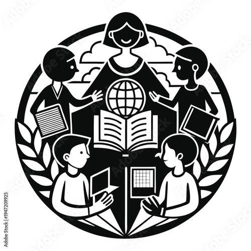 Community of diverse students learning together with a mentor exploring global knowledge