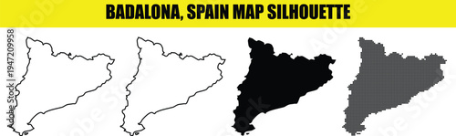 Badalona spain map silhouette illustration in white outline solid black and dotted patterns