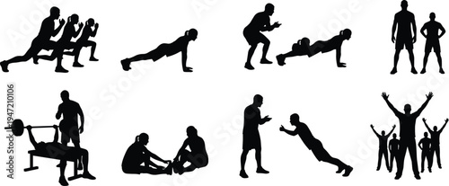 Personal trainer and fitness workout silhouette set featuring push ups, strength training, coaching exercises, gym workout routines and athlete training activities.