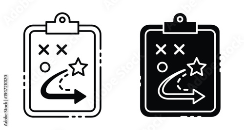Tactical strategy clipboard icon set with game plan diagram showing arrow star and cross symbols for sports coaching and business management
