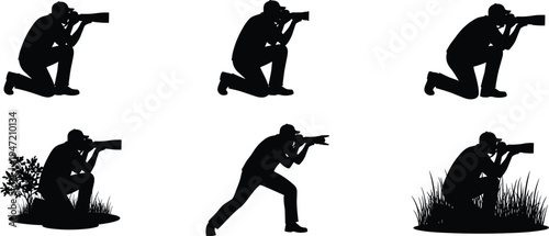 Photographer silhouettes set showing professional photographer kneeling and taking pictures with camera isolated on white background photography hobby media and creative work concept