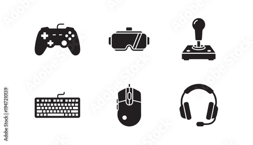 Gaming icons solid black: controller, vr headset, joystick, keyboard, mouse, headphones, virtual reality, game icons, entertainment icons, technology icons, video game