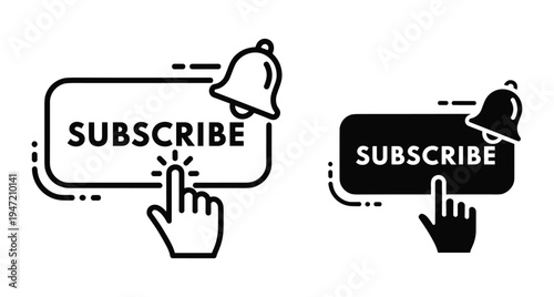 Subscribe button icon set with notification bell and hand cursor clicking for social media channel marketing and video content