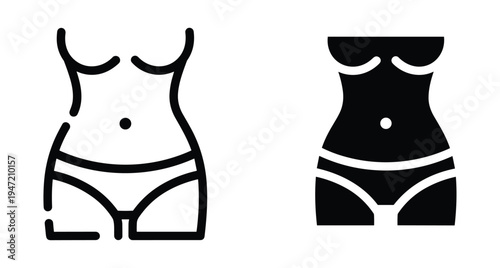 Female body torso icons showing waist hips and belly button in outline and solid black silhouette styles for fitness health wellness