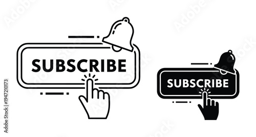 Subscribe button with notification bell and clicking hand cursor icon set for social media video platforms digital marketing web interface design