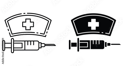 Nurse cap with cross and medical syringe icons in outline and solid black styles for healthcare and hospital design projects