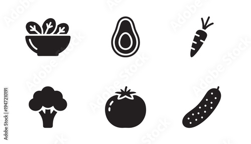 Healthy food icons solid black: salad bowl, avocado, carrot, broccoli, tomato, cucumber, vegetable icons, fruit icons, diet icons, nutrition icons, organic food