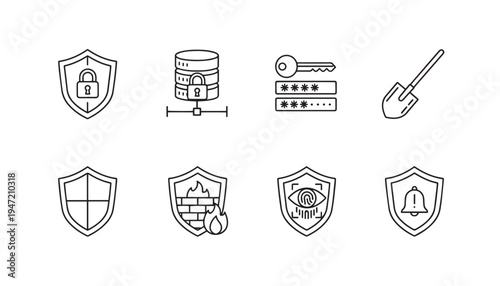 Cybersecurity icons: shield, padlock, firewall, eye scan, key, password, shovel, bell, data protection