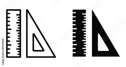 Ruler and triangle set square icons in outline and solid black styles for measurement geometry drafting school supplies and technical drawing