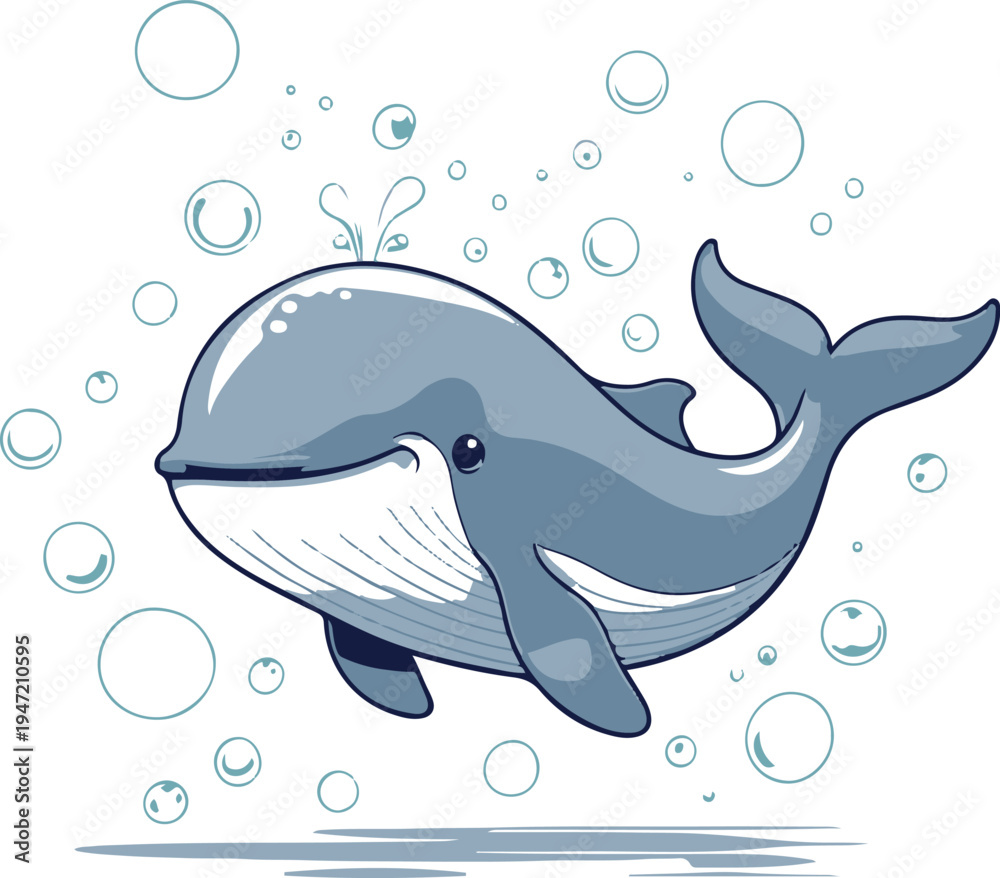 Obraz premium friendly whale swimming with tiny bubbles around, simple vector illustration, clean shapes, white background 1