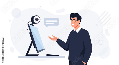 Man in Glasses Talking to Webcam for Online Meeting or Video Call