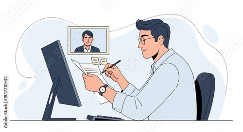 Man in video call signs document on computer, remote work, online meeting, business communication