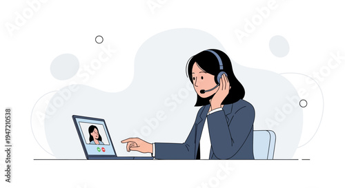 Woman with headset on video call, working from home, customer support, online communication
