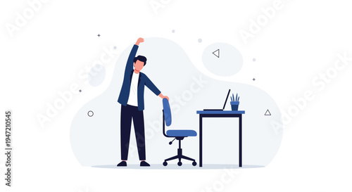 Man stretching at office desk with laptop and chair, healthy work break