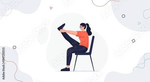 Woman doing leg stretches while sitting on a chair, healthy lifestyle concept