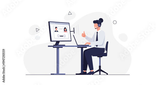 Customer service representative with headset giving thumbs up during video call