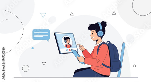 Student using tablet for online learning, video call, and chat