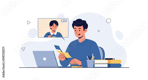 Online Learning: Student with Laptop and Video Call, Studying Remotely