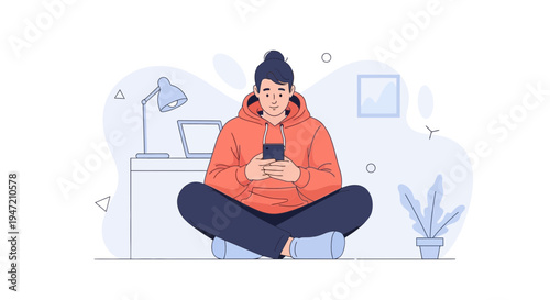 Young person in hoodie using smartphone while sitting cross-legged, modern illustration