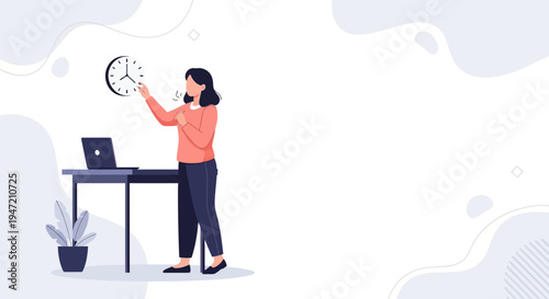 Woman checking clock near desk with laptop, time management concept illustration