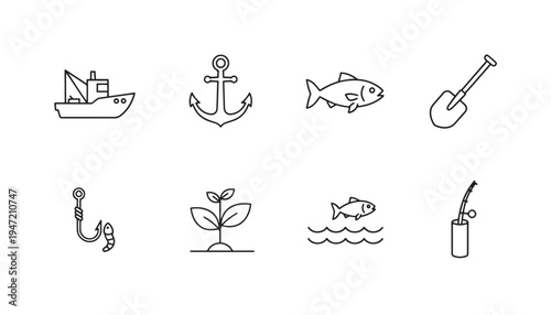 Nautical and fishing icons: ship, anchor, fish, shovel, hook, plant, fishing rod - thin line outline on light blue background, line art