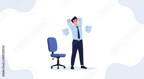 Businessman stretching in office with papers flying, symbolizing stress relief and freedom.