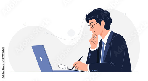 Young businessman in suit working on laptop and writing notes, thoughtful expression