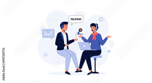 Two people in headphones talking, podcasting, online meeting, video call