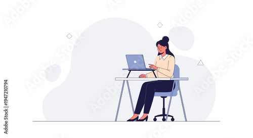 Woman working on laptop at desk, modern office, remote work, business illustration