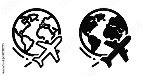 Airplane flying around the world globe icon set for travel tourism international flight global logistics and aviation business transportation services