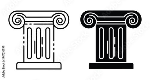 Ancient Greek Ionic column icons in outline and solid black silhouette styles for architectural design history and classical monument projects