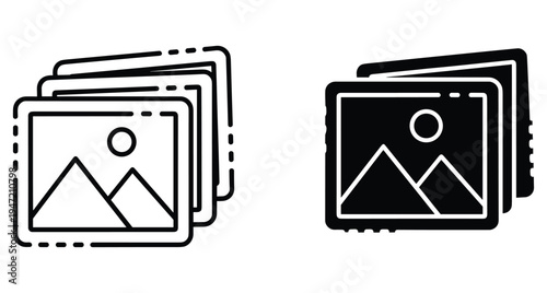 Gallery icon set featuring stacked photo frames with mountain landscape and sun in outline and solid black vector graphic styles