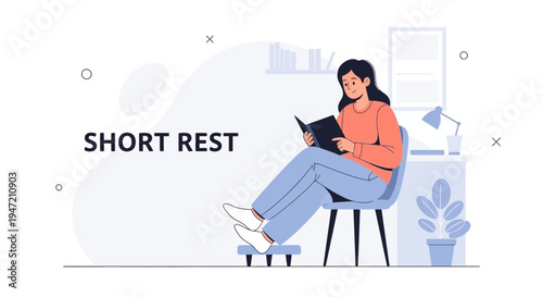 Woman resting and reading a book at home, short break from work or study