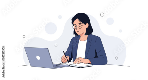 Woman working on laptop and taking notes, business concept illustration