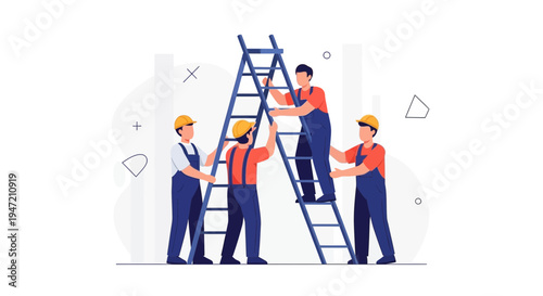 Teamwork building success ladder, workers collaborating on construction project