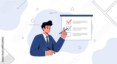 Businessman checking tasks on a checklist, presentation board with completed items