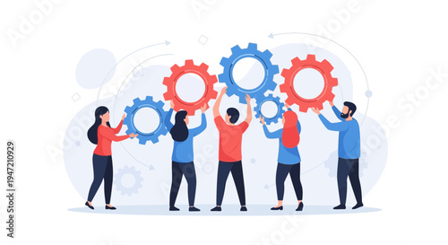 Teamwork and collaboration: people assembling gears, symbolizing business success and synergy