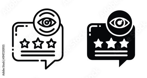 customer review feedback icon set with speech bubble three stars and eye symbol for monitoring online reputation and user experience