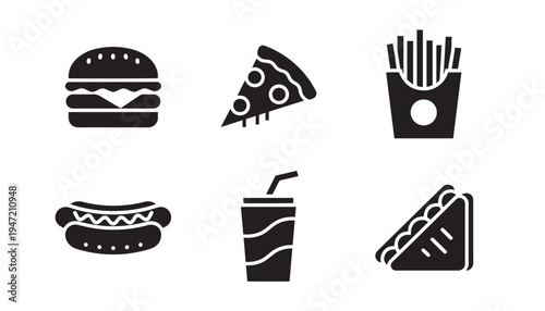 Fast food icons: burger, pizza slice, fries, hot dog, soda cup, sandwich - black silhouette on white background, french fries, junk food, food and drink