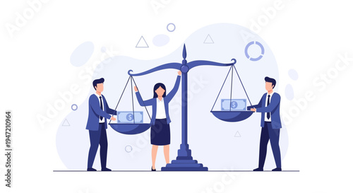 Businessmen and businesswoman balancing money on scales, financial equality concept
