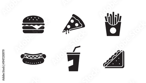 Fast food icons: burger, pizza slice, fries, hot dog, soda cup, sandwich - black silhouette on white background, french fries, junk food, food and drink