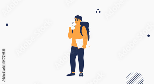 Young man with backpack drinking coffee, holding laptop, travel concept