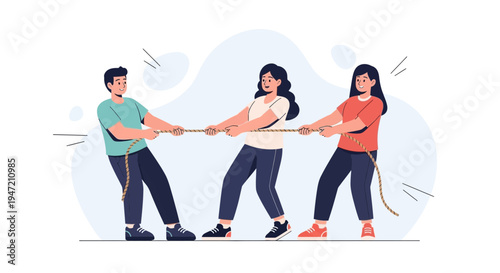 Teamwork Tug of War: Three People Pulling Rope in Competition