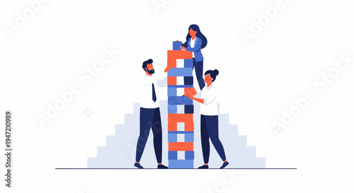 Teamwork building success, people stacking blocks on stairs, business growth concept