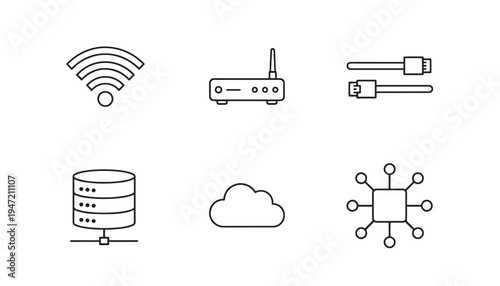 Set of technology icons: wi-fi, router, network cable, server, cloud, and chipset, network symbols, wifi signal, wireless connection, ethernet cable, cloud computing