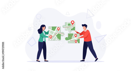 Teamwork assembling a map puzzle with location pins, navigation concept