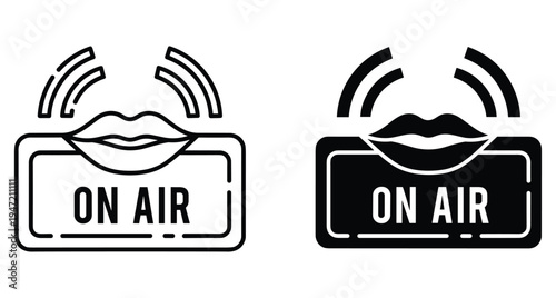 Radio broadcast on air sign icon set with human lips speaking and sound waves for podcast studio live streaming and communication