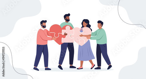 Diverse team assembling puzzle pieces, symbolizing teamwork, collaboration, and unity.