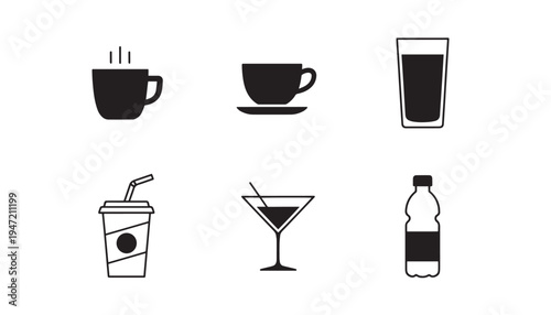 Assorted drink icons: hot coffee, espresso, water glass, takeaway drink, cocktail, and water bottle, beverage graphics, coffee cup, drinking glass, soda cup
